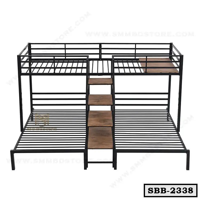 Modern steel bunk bed with wooden steps, sturdy frame, ideal for home or dormitory use.