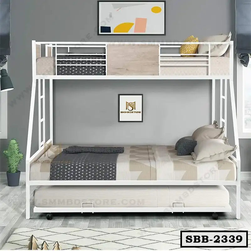 Modern white steel bunk bed with trundle in a stylish bedroom setting