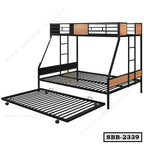 Steel triple bunk bed frame with ladder and pull-out trundle, modern bedroom furniture