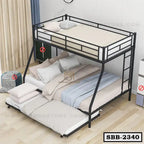 Modern steel bunk bed with ladder, three mattresses, and bedding in a bright bedroom
