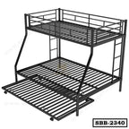 Black steel triple bunk bed with guardrails, ladder, and pull-out trundle frame
