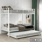 Modern white steel bunk bed with pull-out trundle in a bright bedroom setting