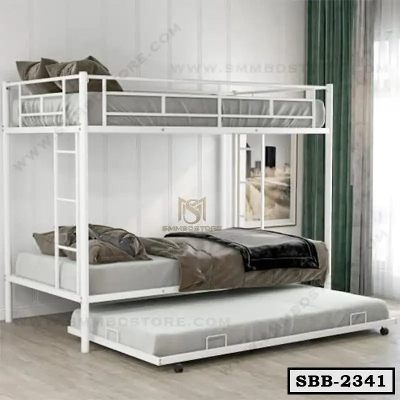 Modern white steel bunk bed with pull-out trundle in a bright bedroom setting
