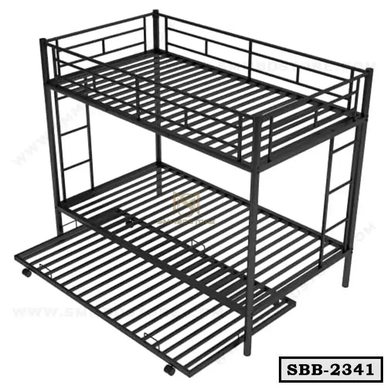 Black steel triple bunk bed frame with guardrails, ladders, and pull-out trundle bed