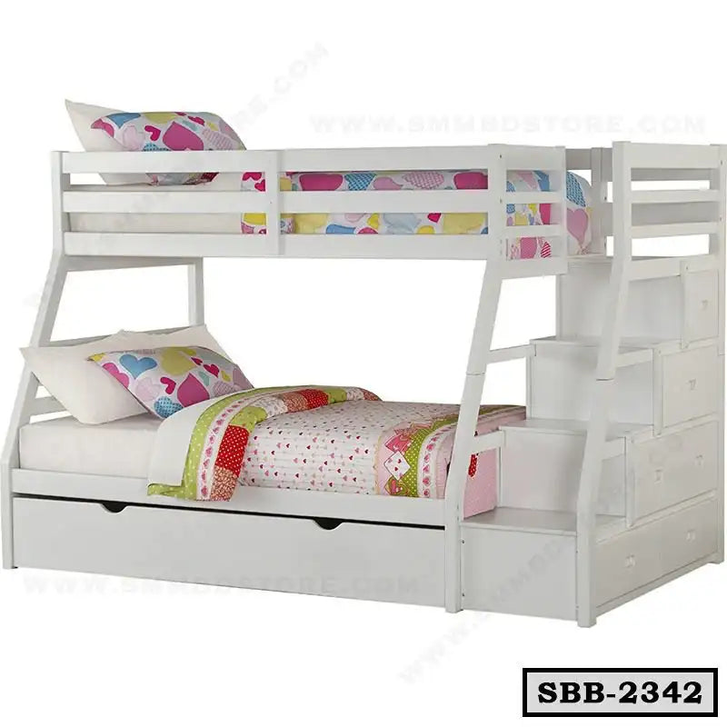 White steel bunk bed with stairs and storage drawers, colorful bedding included