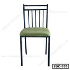 Modern steel dining chair with green cushioned seat and black slatted backrest, model SDC-555