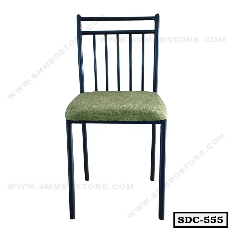 Modern steel dining chair with green cushioned seat and black slatted backrest, model SDC-555