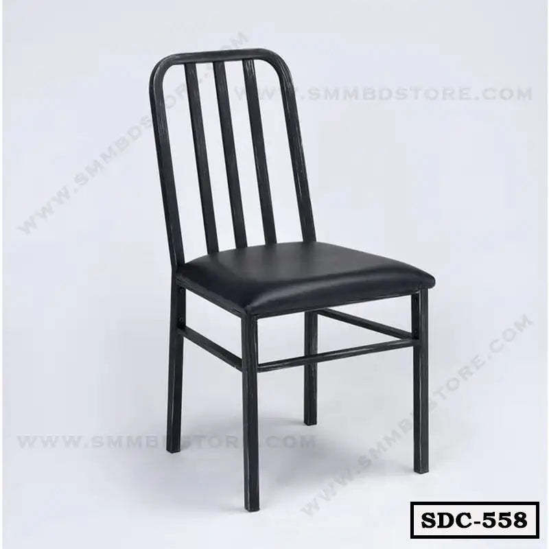 Black steel dining chair with cushioned seat, modern design for home or office use