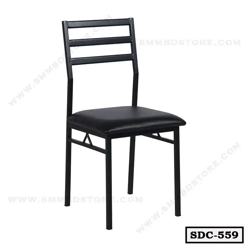 Modern black steel dining chair with cushioned seat, minimalist design, isolated on white background