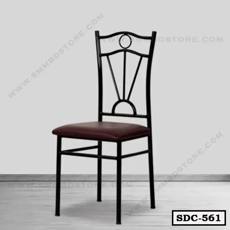 Modern steel dining chair with maroon cushioned seat and decorative metal backrest Main image