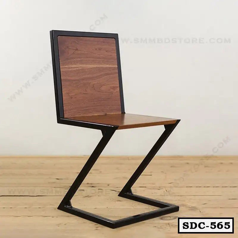 Modern steel dining chair with wooden seat and backrest, minimalist Z-shape design