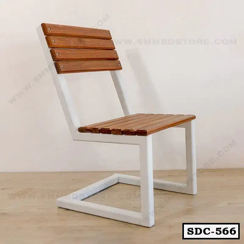 Modern steel dining chair with wooden slats and white metal frame on wooden floor