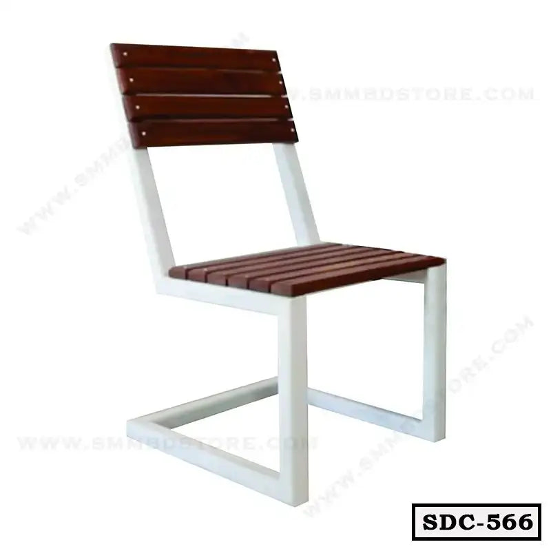 Modern steel dining chair with white frame and slatted wooden seat and backrest