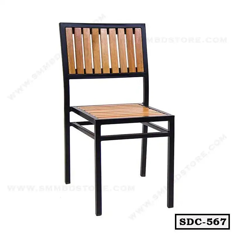 Modern steel dining chair with wooden slats, black metal frame, minimalist design Main image