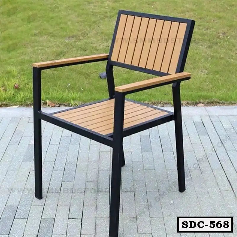Modern steel dining chair with wooden slats and black frame, outdoor setting Main image