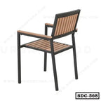 Modern steel dining chair with wooden slats and armrests, black metal frame, model SDC-568