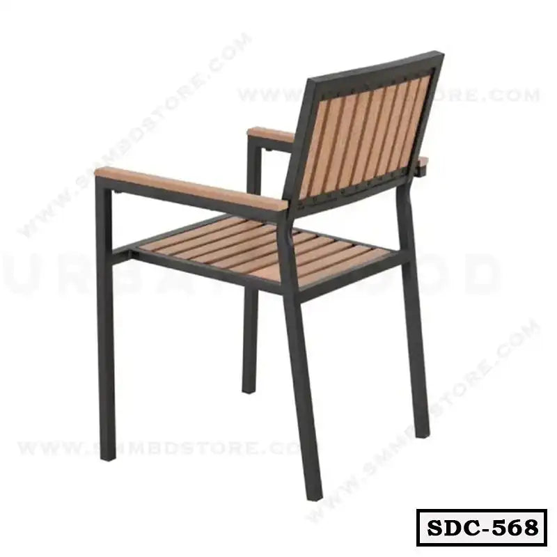 Modern steel dining chair with wooden slats and armrests, black metal frame, model SDC-568