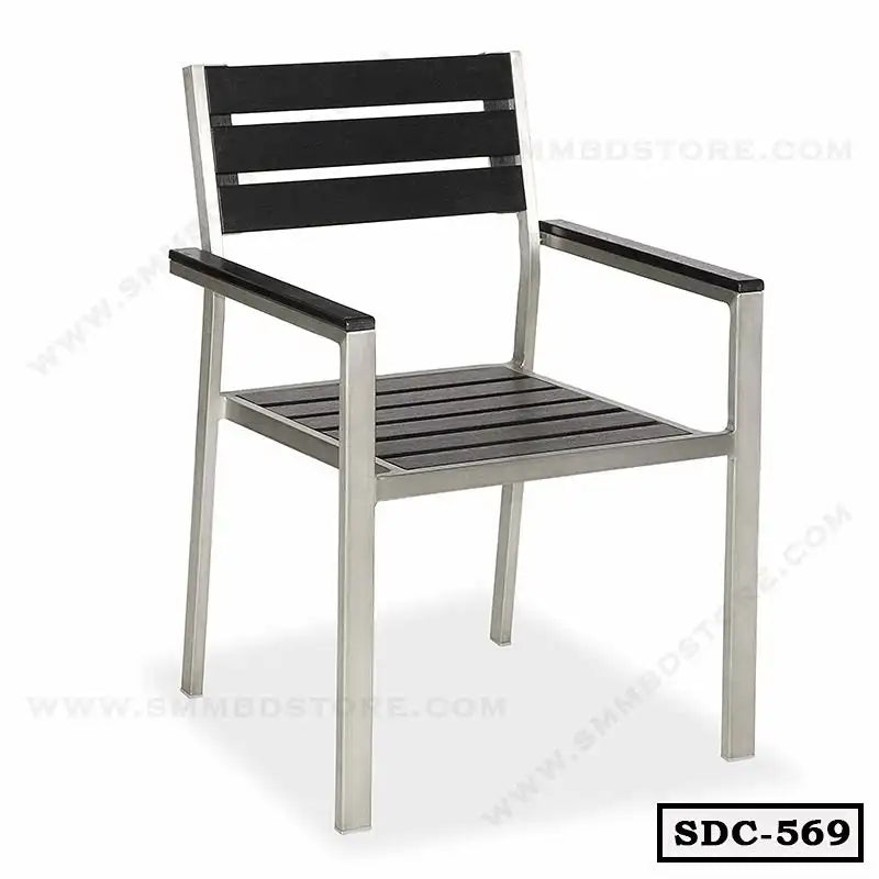Modern steel dining chair with black slatted seat and backrest, model SDC-569