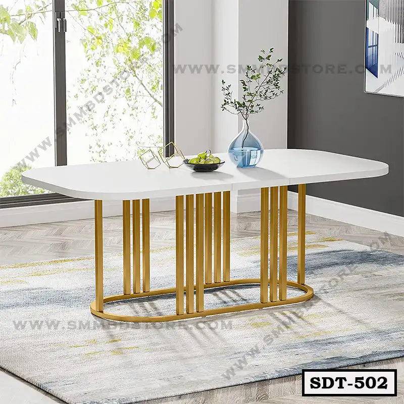 Modern white steel dining table with gold legs in a stylish room, minimalist decor Main image