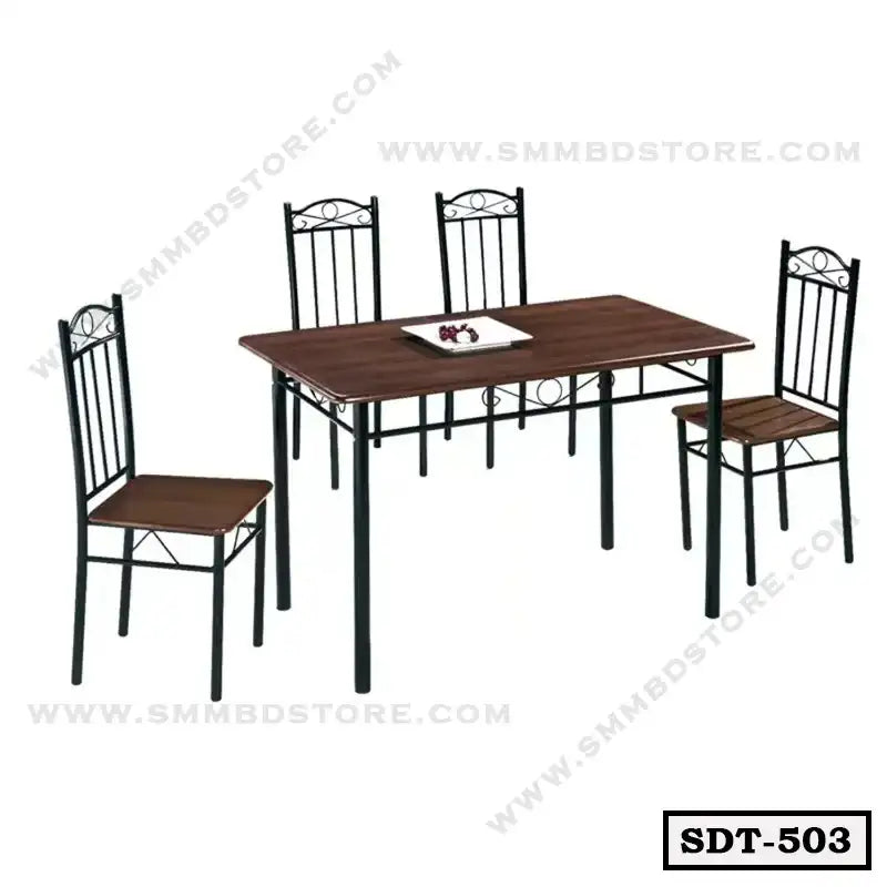 Steel dining table set with brown tabletop and four matching metal chairs