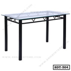 Modern steel dining table with clear glass top and black metal frame, minimalist style