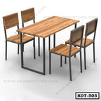 Modern steel dining table with four wooden chairs, minimalist home furniture set