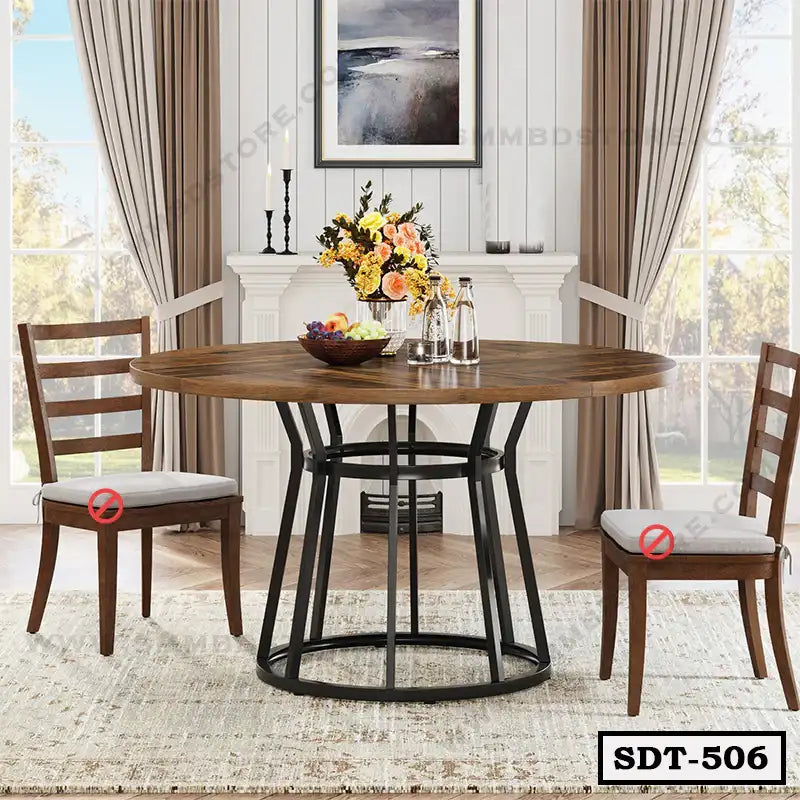Modern steel and wood dining table with two chairs in a bright living room setting Main image