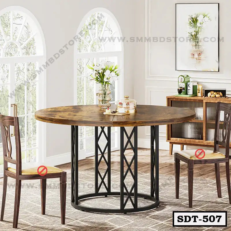 Round steel dining table with wooden top, two chairs, in a modern dining room setting Main image