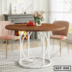 Modern round steel dining table with wooden top, white metal base, set in elegant living room