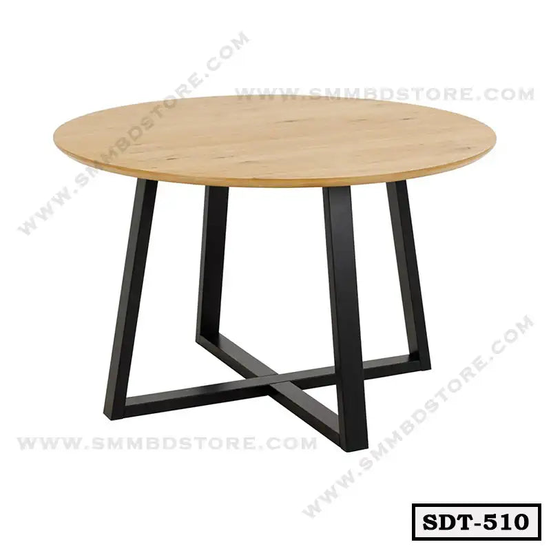 Modern round dining table with wood top and black metal legs, minimalist home furniture