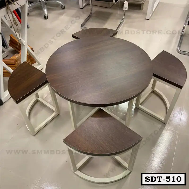 Modern round steel dining table set with matching quarter-circle stools for home or office Main image