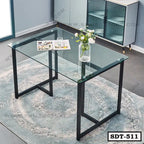 Modern glass and steel dining table SDT-511 on a rug in a contemporary room