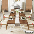 Modern steel dining table with wooden top, white metal legs, and six upholstered chairs in a dining room setting.