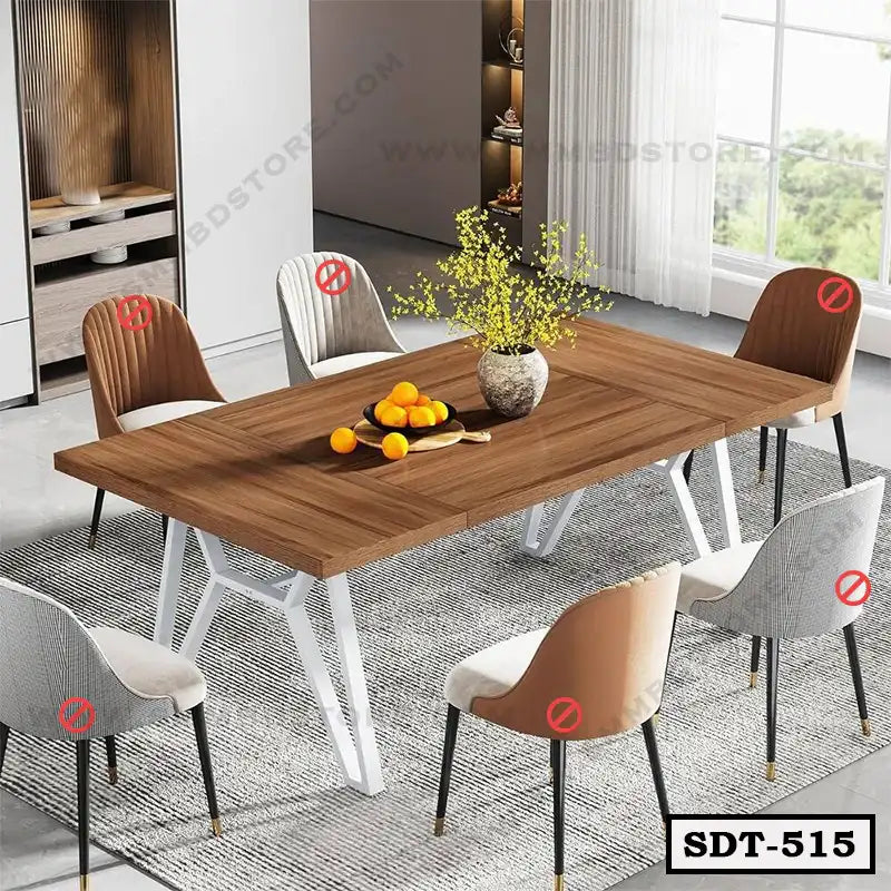 Modern steel dining table with wood finish, six upholstered chairs, and minimalist decor Main image