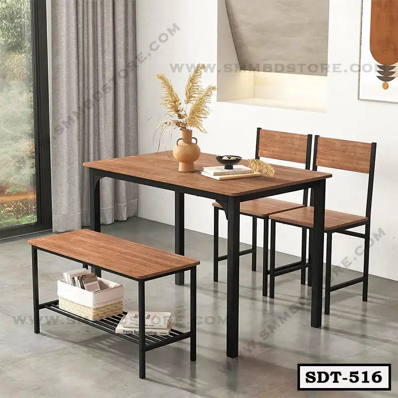 Modern steel dining table set with wood finish, two chairs, and bench in bright room Main image