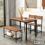 Modern steel dining table set with wood finish, two chairs, and bench in bright room