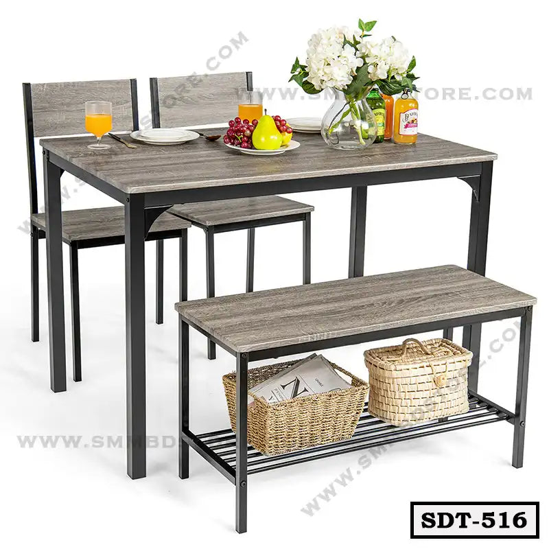 Modern steel dining table set with chairs and bench, featuring a wood finish and table decor.