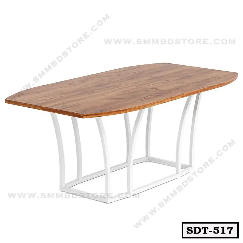 Modern steel dining table with wooden top and white metal legs