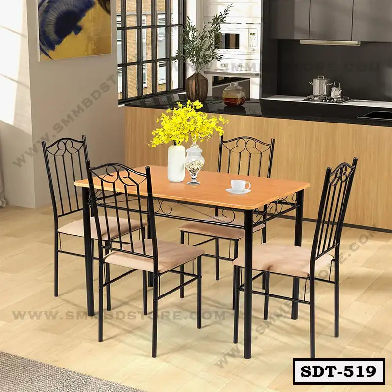 Modern steel dining table set with four chairs and wood top in a bright kitchen Main image