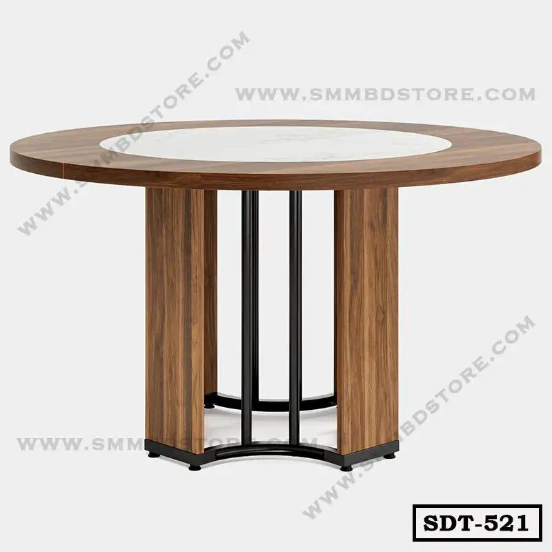 Round steel dining table with wood finish and white marble inset, modern home furniture