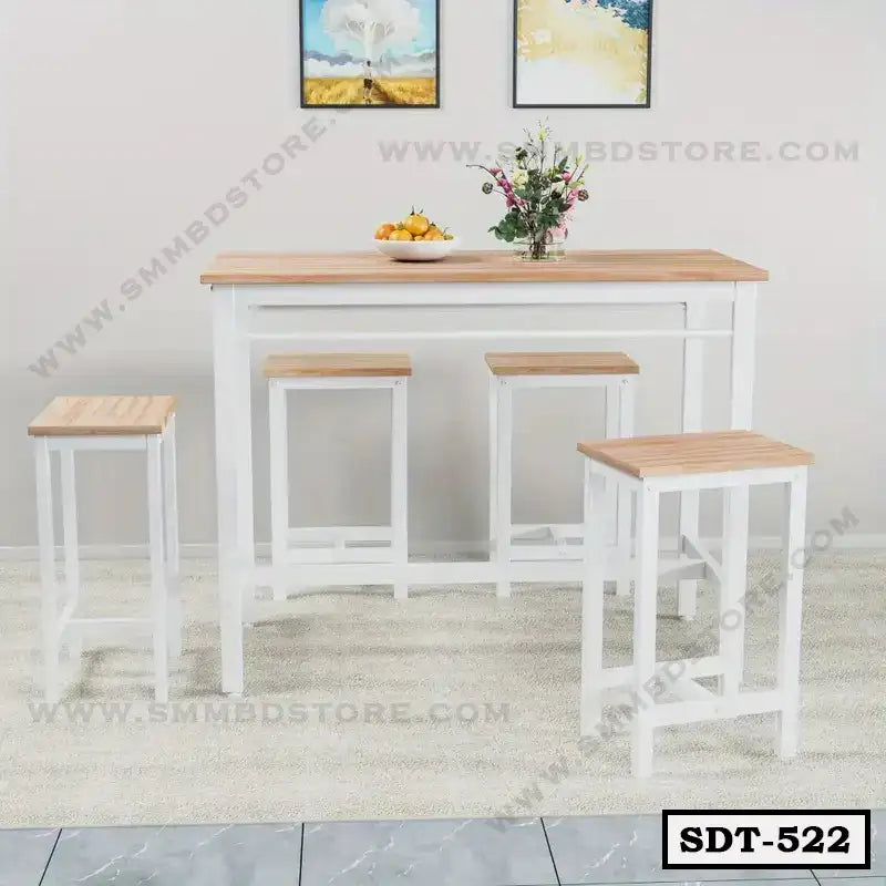 Modern steel dining table set with four stools, wood top, white metal frame, home interior