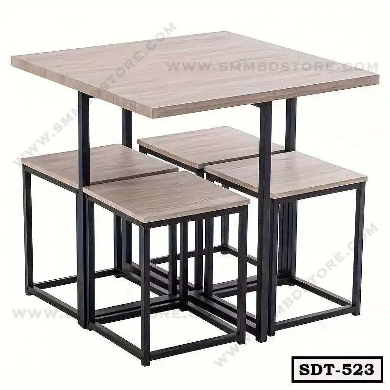 Modern steel dining table set with four matching wooden stools, minimalist design