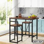Modern steel dining table set with two stools, wood top, in bright kitchen interior