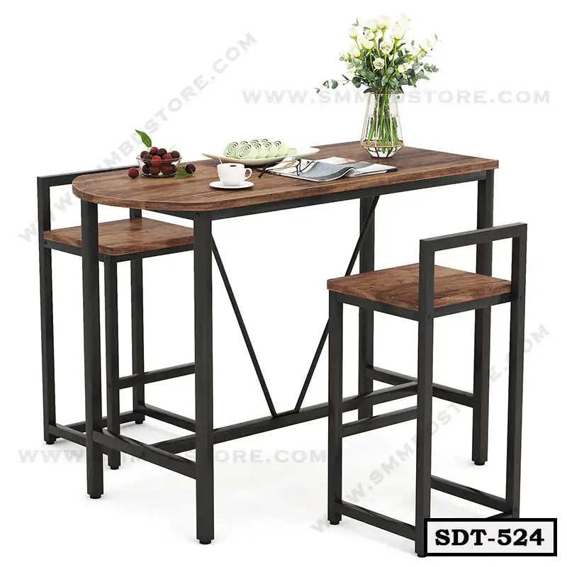 Modern steel dining table set with two chairs, wooden top, and minimalist design.