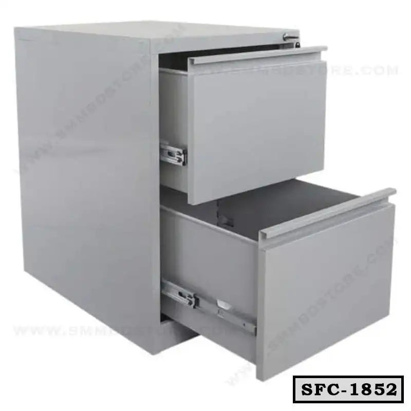 Gray steel file cabinet with two open drawers, labeled SFC-1852, office storage furniture Main image