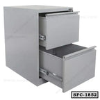 Gray steel file cabinet with two open drawers, labeled SFC-1852, office storage furniture