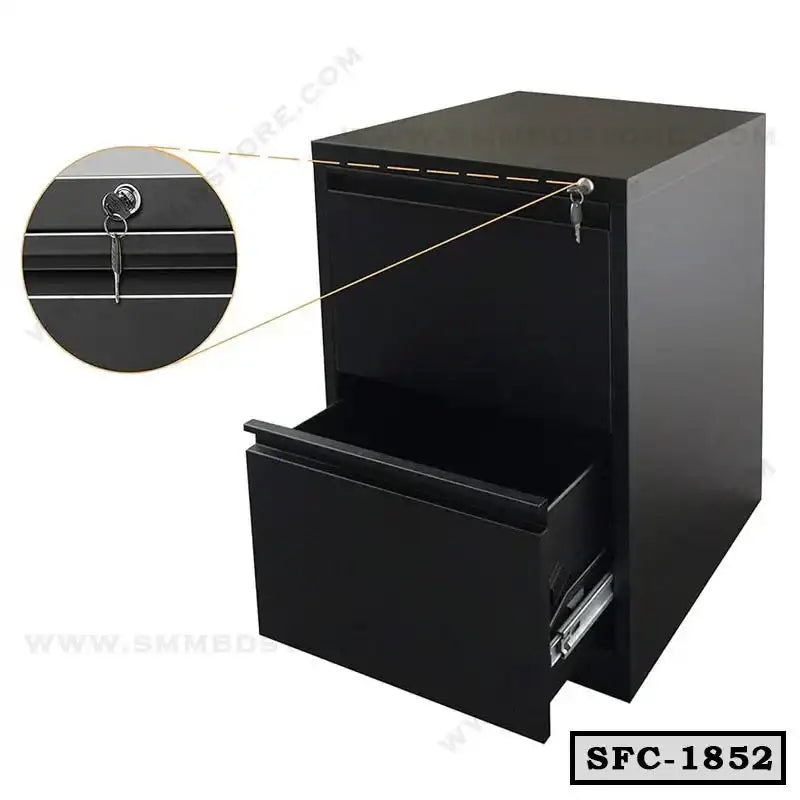 Black steel file cabinet SFC-1852 with lock and open drawer, office storage furniture