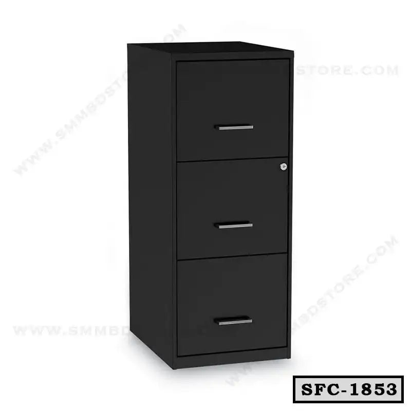 Black steel file cabinet with three drawers and locking mechanism, office storage furniture Main image