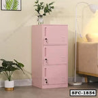 Pink steel file cabinet with three lockable doors in a modern living room setting