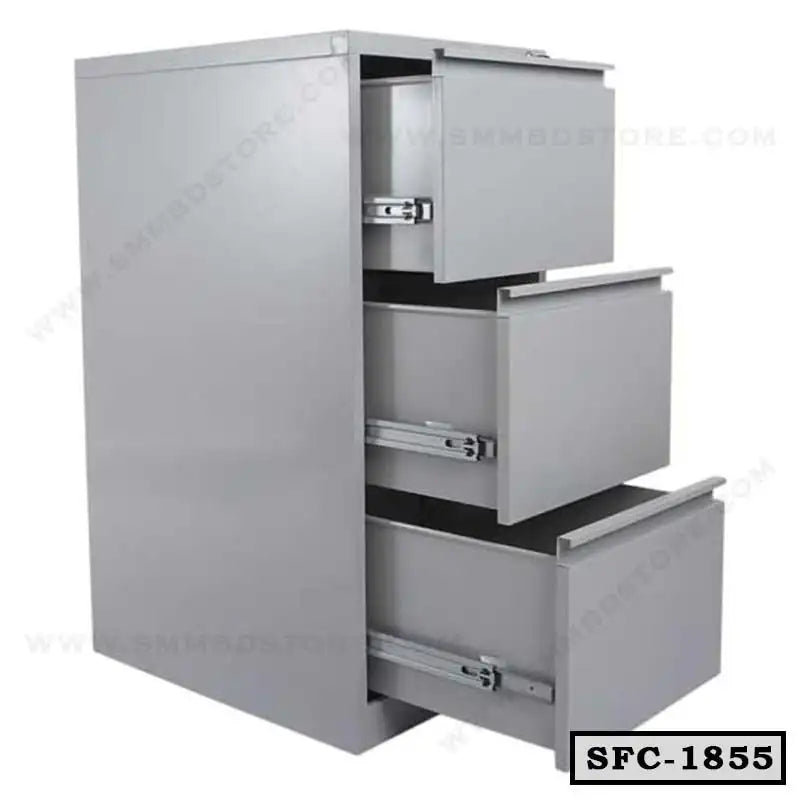 Steel file cabinet with three open drawers, office storage furniture, model SFC-1855.